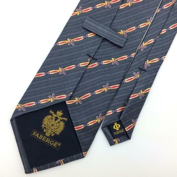 Fabergé Made In USA Tie Gray Red Gold Stripe Luxury Men Floral Silk Necktie L4-F - Picture 4 of 6